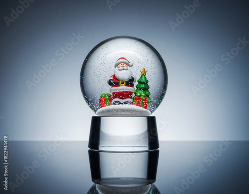 Santa claus figurine sitting in snow globe with christmas tree and gifts on reflective surface creating festive holiday spirit.