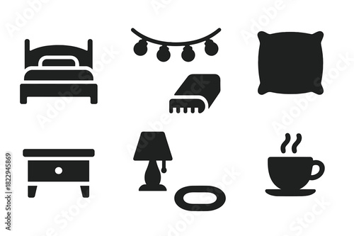 Warm Bedroom Icons. Warm bedroom lights. Filled icon set of warm bedroom lights: bed, fairy lights, pillow,