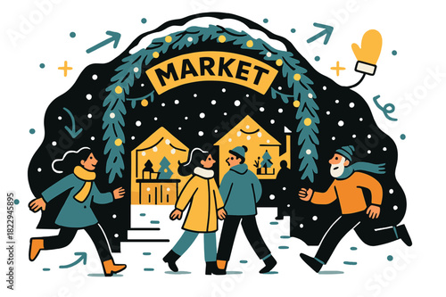 Snowy Market Entrance. Snowy entrance. Market archway decorated with lights and pine garlands, inviting people