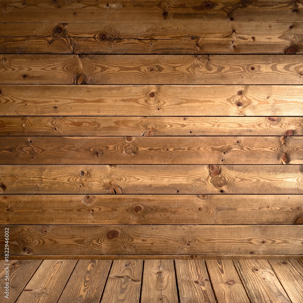 Naklejka premium A warm, inviting wooden floor featuring rich, textured wood planks, illuminated by soft, natural light filtering through a nearby window.