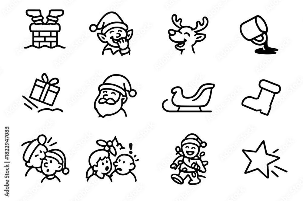 Fototapeta premium Christmas Comedy Icons. Christmas Comedy. Line outline icon set of Christmas Comedy: Santa stuck, elf giggling
