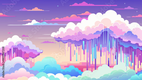 Vibrant, cartoon-style sky filled with layers of pink, purple, and blue cumulus clouds, with stylized rain or light streaks falling. A dreamy, kawaii, or vaporwave fantasy landscape.