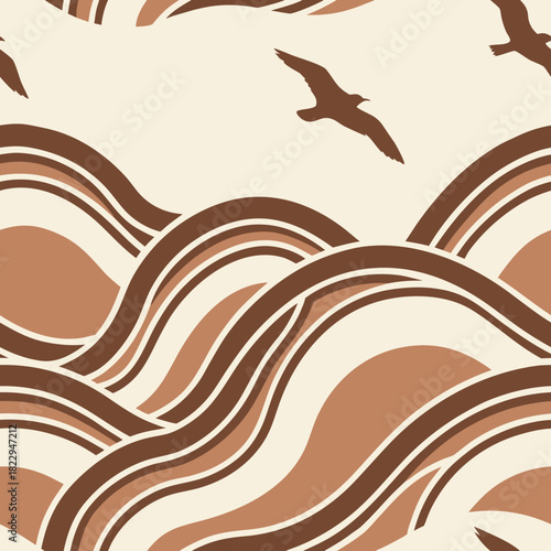 Seamless, stylized pattern featuring large and small Fibonacci spirals (Nautilus shells) arranged geometrically on a dark teal background. A vintage, marine, or mathematical motif.