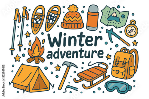 Winter Adventure Icons. Winter adventure. Hand-drawn doodle illustration of winter adventure. Ski poles,