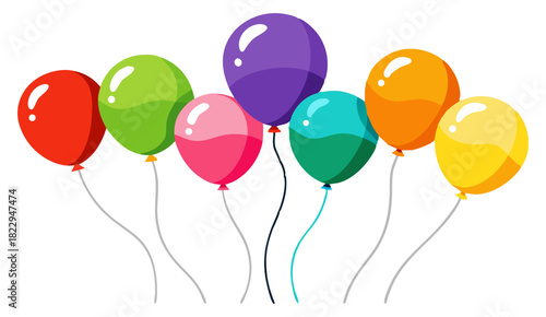 Vibrant, colorful helium balloons floating up on strings, perfect for any celebration: birthday parties, anniversaries, graduations, festivals, and festive events. Brightly colored flat cartoon vector