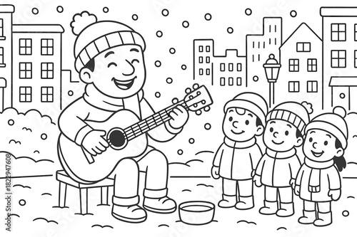 Winter Street Musician. Street musician in winter children?s coloring book illustration, outlined drawing,