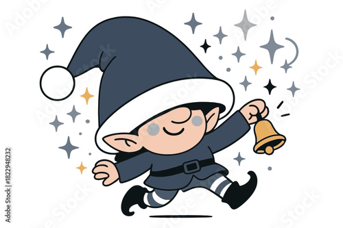 Cheerful Christmas Elf. Festive fun. Tiny elf barely visible beneath oversized red hat, holding a tiny bell,