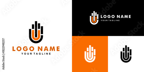 Letter U Logo. Shield shape with Human hand Icon inside isolated on White Background. Flat Vector Logo Design Template Element.