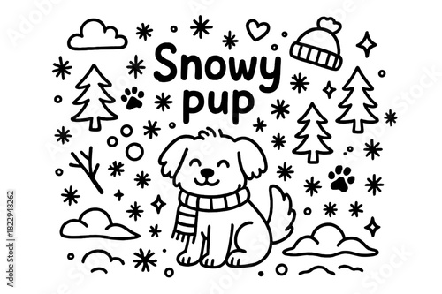 Snowy Pup Doodle. Snowy pup. Hand-drawn doodle illustration of snowy pup. Puppy with scarf, snowflakes, paw