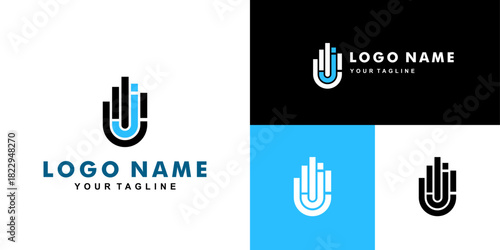 Letter J Logo. Shield shape with Human hand Icon inside isolated on White Background. Flat Vector Logo Design Template Element.