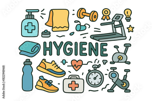 Gym Hygiene Essentials. Gym hygiene. Hand-drawn doodle illustration of gym hygiene. Hand sanitizer, towel,