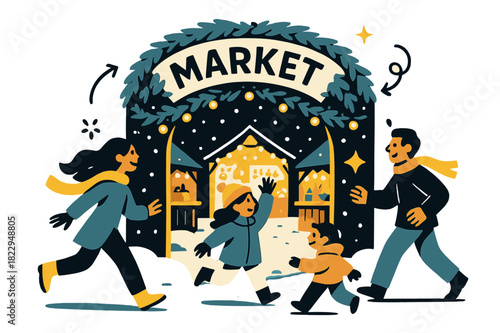 Snowy Market Entrance. Snowy entrance. Market archway decorated with lights and pine garlands, inviting people