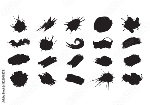 Set different black splash, collection brush strokes Vector Silhouette