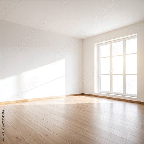 A spacious, empty room featuring polished wooden floors, large windows allowing natural light to stream in, and neutral-colored walls, creating a serene atmosphere.