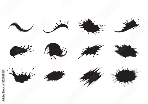 Set different black splash, collection brush strokes Vector Silhouette