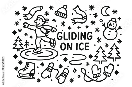 Ice Skating Doodle. Gliding on ice. Hand-drawn doodle illustration of gliding on ice. Skating person, ice