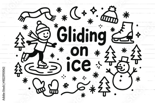 Ice Skating Doodle. Gliding on ice. Hand-drawn doodle illustration of gliding on ice. Skating person, ice