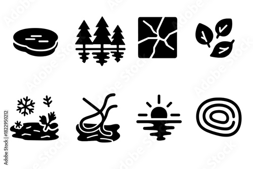 Icy Reflections Icons. Icy reflections. Filled icon set of icy reflections: frozen lake, ice crack pattern,