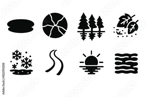 Icy Reflections Icons. Icy reflections. Filled icon set of icy reflections: frozen lake, ice crack pattern,