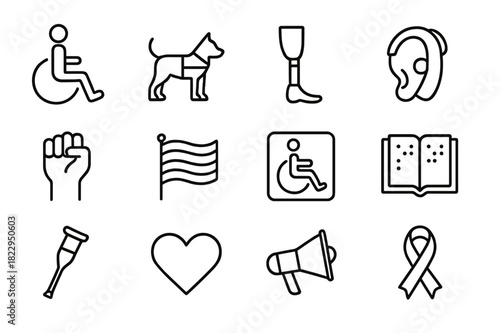 Inclusive Society Icons. Inclusive society icons. Line outline icon set of inclusive society icons: wheelchair