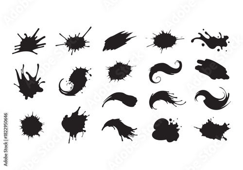 Set different black splash, collection brush strokes Vector Silhouette