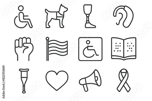 Inclusive Icon Set. Inclusive society icons. Line outline icon set of inclusive society icons: wheelchair,