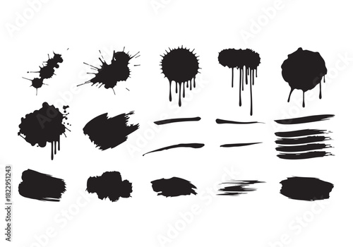 Set different black splash, collection brush strokes Vector Silhouette