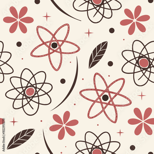 seamless pattern featuring retro atomic flower designs, abstract leaves, and stars in muted blush, mauve, and beige tones. Perfect vector background for vintage decor, textile print, kids' products, a