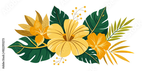 Vibrant tropical floral arrangement: yellow hibiscus, orange flowers, and dark green Monstera and palm leaves. Ideal for summer, vacation, apparel, or party invitations.