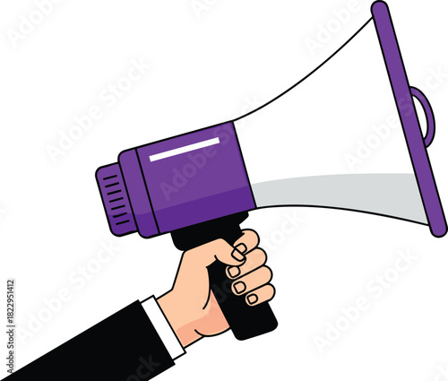 Illustration of hand holding purple megaphone, business announcement concept, communication symbol for marketing, promotion, advertising and public message design