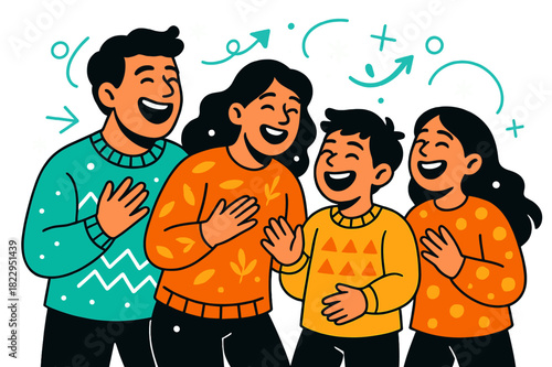 Joyful Family Laughter. Candid laughter. Family laughing together in mismatched sweaters, hands mid-motion,