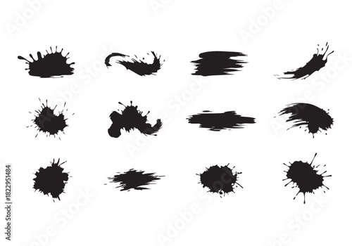 Set different black splash, collection brush strokes Vector Silhouette