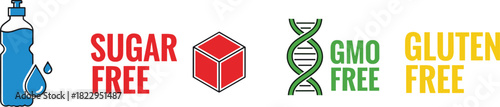 Healthy product label icons, sugar free, GMO free, gluten free badges with bottle illustration, nutrition symbols for packaging design and marketing