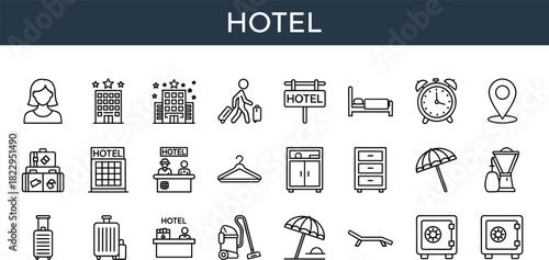 Hotel service icons, travel amenities, vacation symbols, hospitality line art, luggage, reception, bed, shower, safe, wardrobe, calendar, location, beach, umbrella, blender, alarm, cleaner