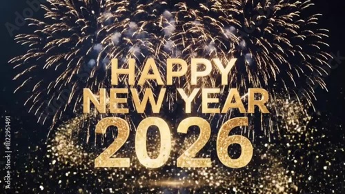 Elegant Golden Happy New Year 2026 with Glitter Fireworks on Luxury Background