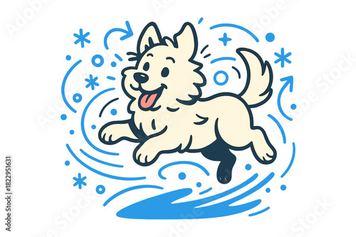 Joyful Pup in Snow. Playful pup. Dog mid-jump by swirling snowflakes and motion lines. Happy expression and