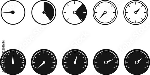 Gauge, dial, meter, speedometer, indicator, dashboard, needle, measurement, control, UI element, interface, analog, circular, scale, precision, monitor, feedback, performance, vector, gauge icons