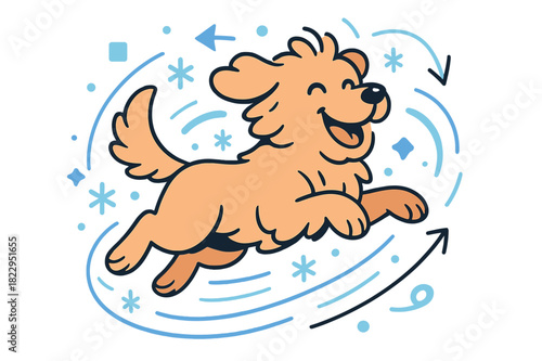 Joyful Pup in Snow. Playful pup. Dog mid-jump by swirling snowflakes and motion lines. Happy expression and