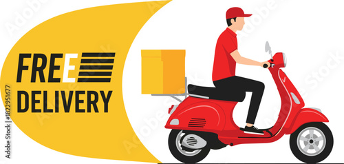 Free delivery service illustration, courier riding red scooter, fast shipping, express logistics, online order transportation, modern delivery man, promotional graphic