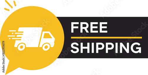 Free shipping delivery banner with fast truck icon, ecommerce promotion graphic, modern shipping label design for online store marketing advertisement