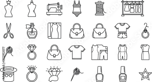 Fashion and sewing icon collection, clothing design tools, garment outlines, accessories, beauty elements, stylish line art set for fashion projects