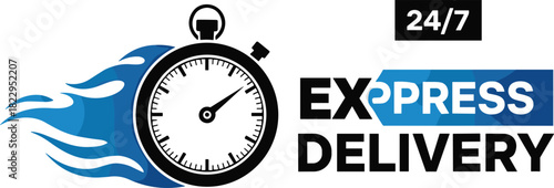 Express delivery service concept with stopwatch, fast shipping flames, 24/7 logistics symbol, quick courier illustration for transportation and ecommerce needs
