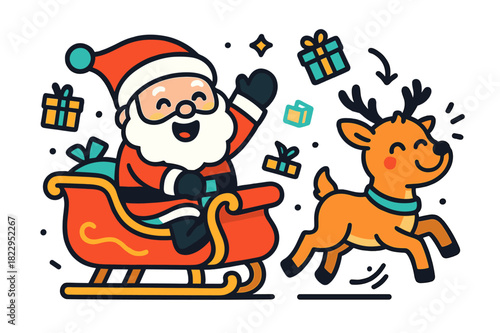 Kawaii Santa Sleigh. Santa sleigh joy. Kawaii Santa waving from his sleigh with reindeer prancing happily,