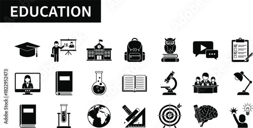 education icons set, learning and teaching symbols, school and classroom elements, academic study tools, online learning graphics, modern education outline icons