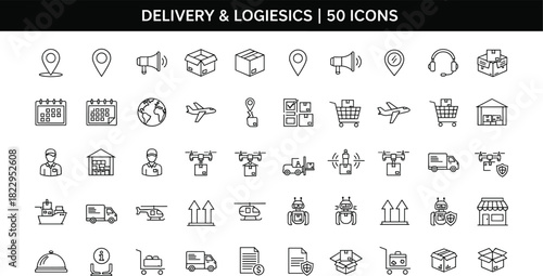 Delivery icons, logistics symbols, shipping vector, transportation, warehouse, drone, truck, ecommerce, minimal line style, black and white, package, location, customer service, airplane