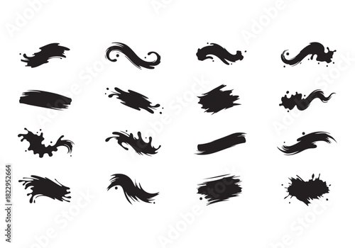 Set different black splash, collection brush strokes Vector Silhouette