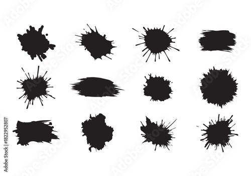 Set different black splash, collection brush strokes Vector Silhouette