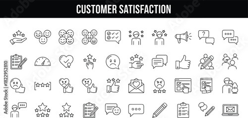 Customer satisfaction icons, feedback symbols, rating stars, emotive faces, communication tools, survey charts, review elements, approval signs, engagement graphics