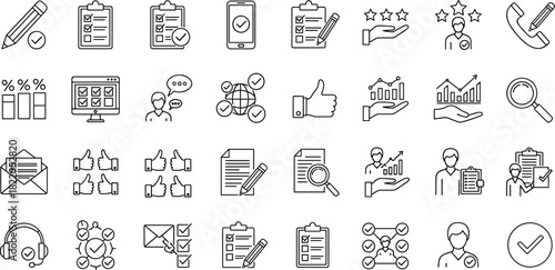 Customer feedback and quality control line icons, survey checklist symbols, rating review elements, business analytics, communication support and performance evaluation set
