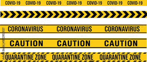 Covid-19 caution tape, quarantine zone barrier, coronavirus warning stripes, yellow hazard ribbons, safety alert signage, isolation area protective barrier design